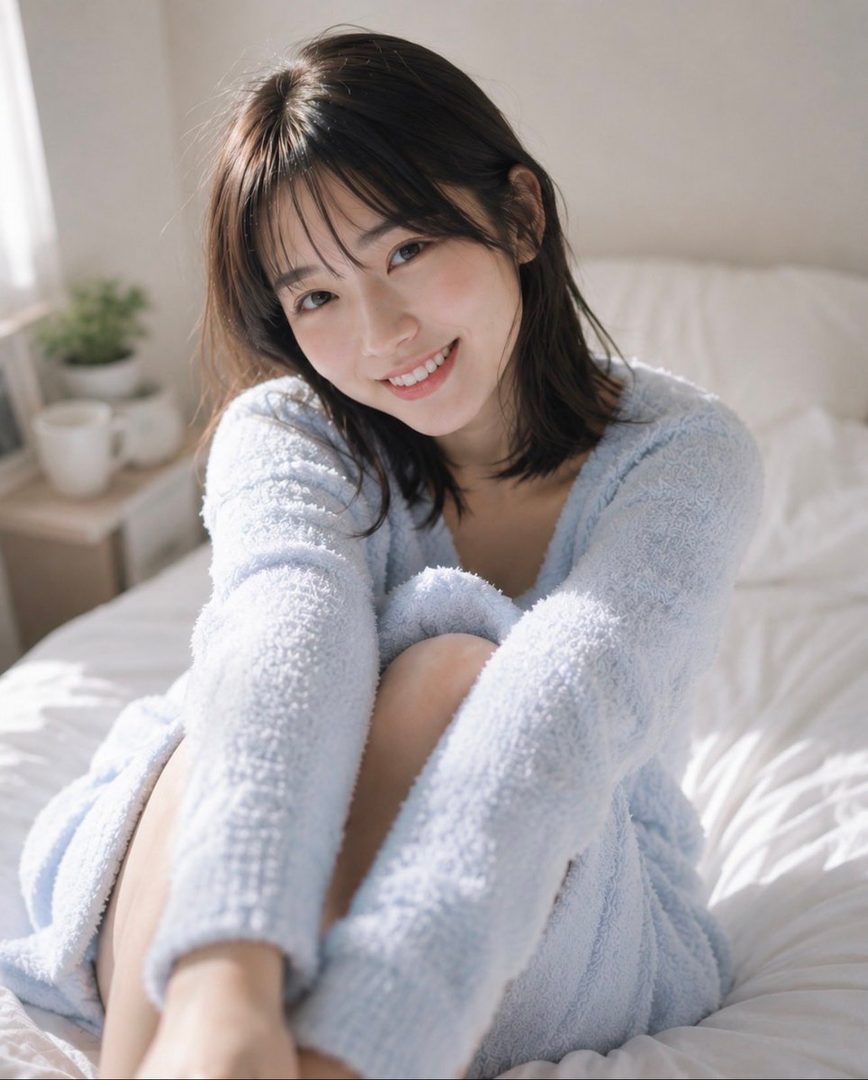 A young East Asian woman with short black hair smiles gently while sitting on a bed, wearing a light blue fluffy robe.