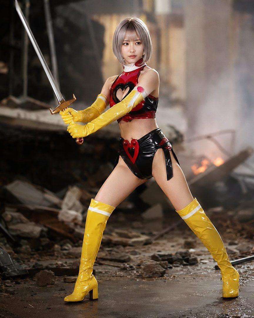 A young woman with short silver hair, dressed in a revealing red and black outfit with yellow gloves and thigh-high boots, holds a sword in a dramatic pose.