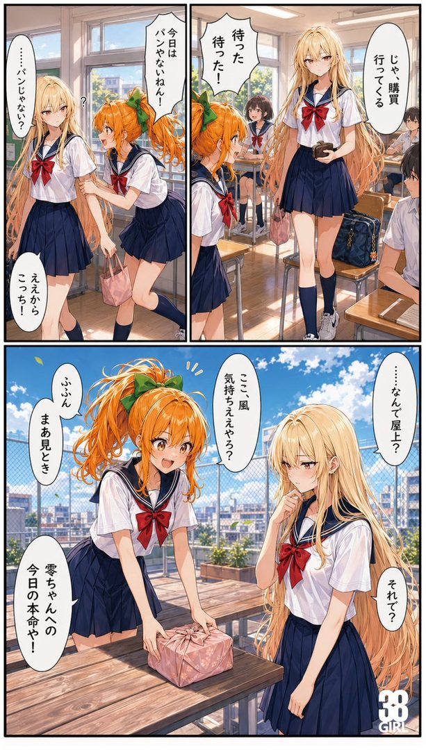 Two Japanese schoolgirls in uniform, one with blonde hair and the other with orange hair, are interacting on a sunny day, with one presenting a bento box.