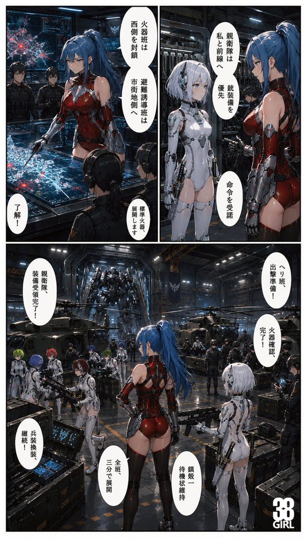 A blue-haired woman in a red futuristic outfit stands in a military hangar, looking at a holographic display.