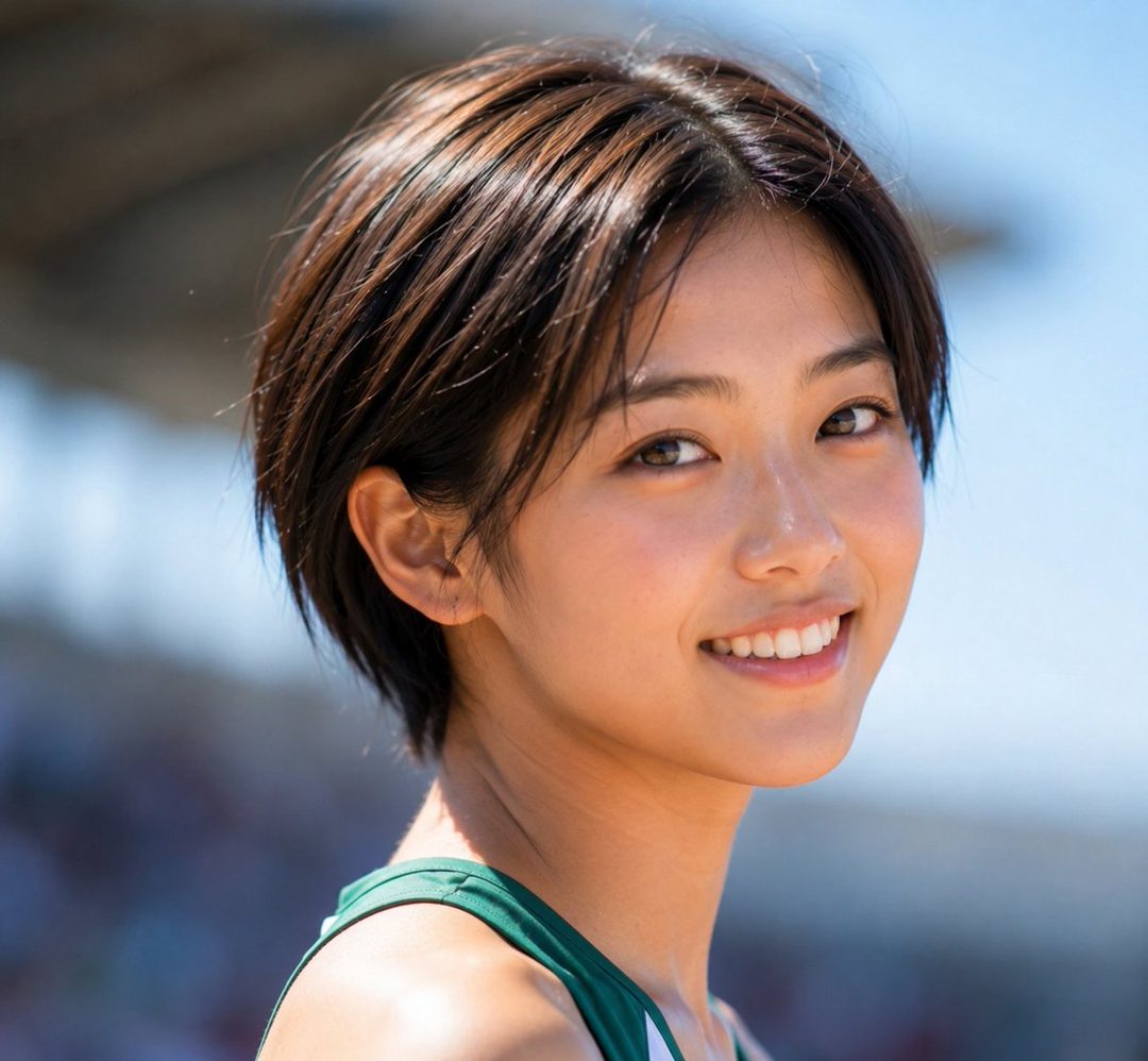 A young East Asian woman with short black hair smiles brightly, wearing a green sports top, outdoors with a stadium in the background.