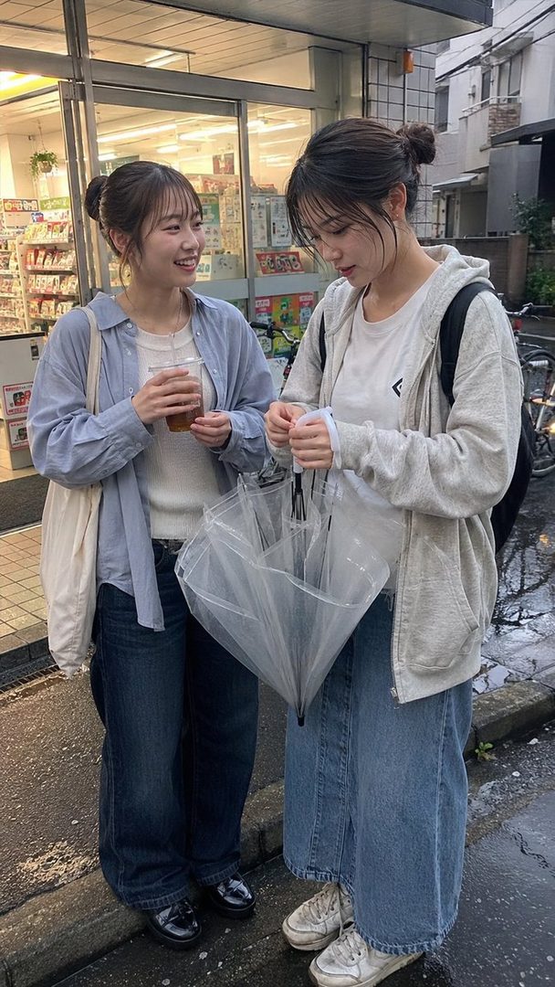 Two young women with their hair in messy buns are standing on a wet street after the rain, one holding a drink and the other a clear umbrella, in front of a convenience store.