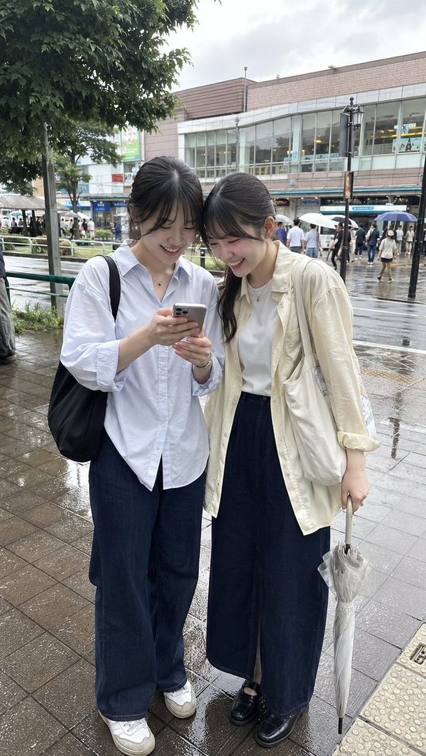 Two young women are smiling and looking at a smartphone on a wet city street after the rain, with one holding a closed umbrella.