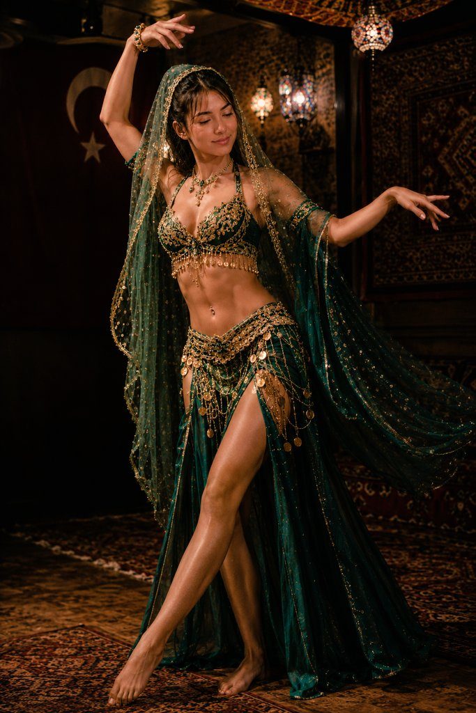 A woman in a green and gold belly dancer costume with sheer draped sleeves and a veil, posing gracefully indoors.