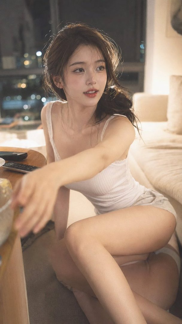 A young East Asian woman with long brown hair tied in a ponytail, wearing a white tank top and shorts, sits indoors at night, looking towards the camera with a playful expression.