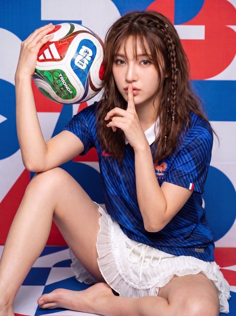 A young woman in a blue France soccer jersey and a white ruffled skirt holds a soccer ball and gestures for silence, posing in a studio with a red and blue checkered background.