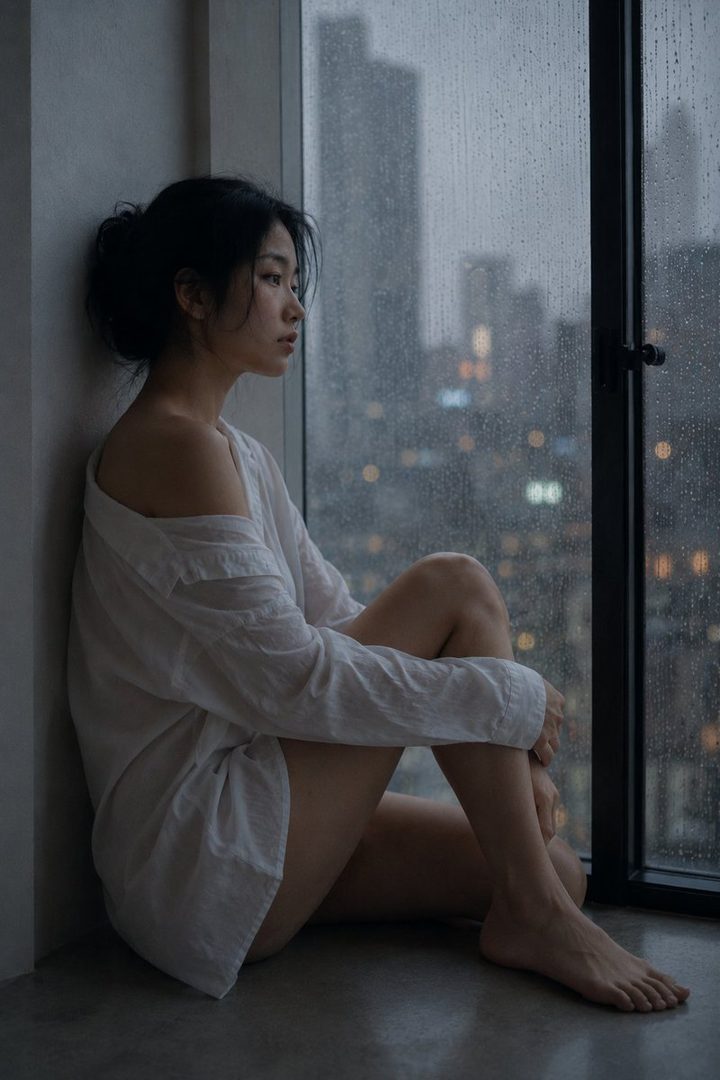 A young East Asian woman in an oversized white shirt sits by a window on a rainy day, looking out at the city.