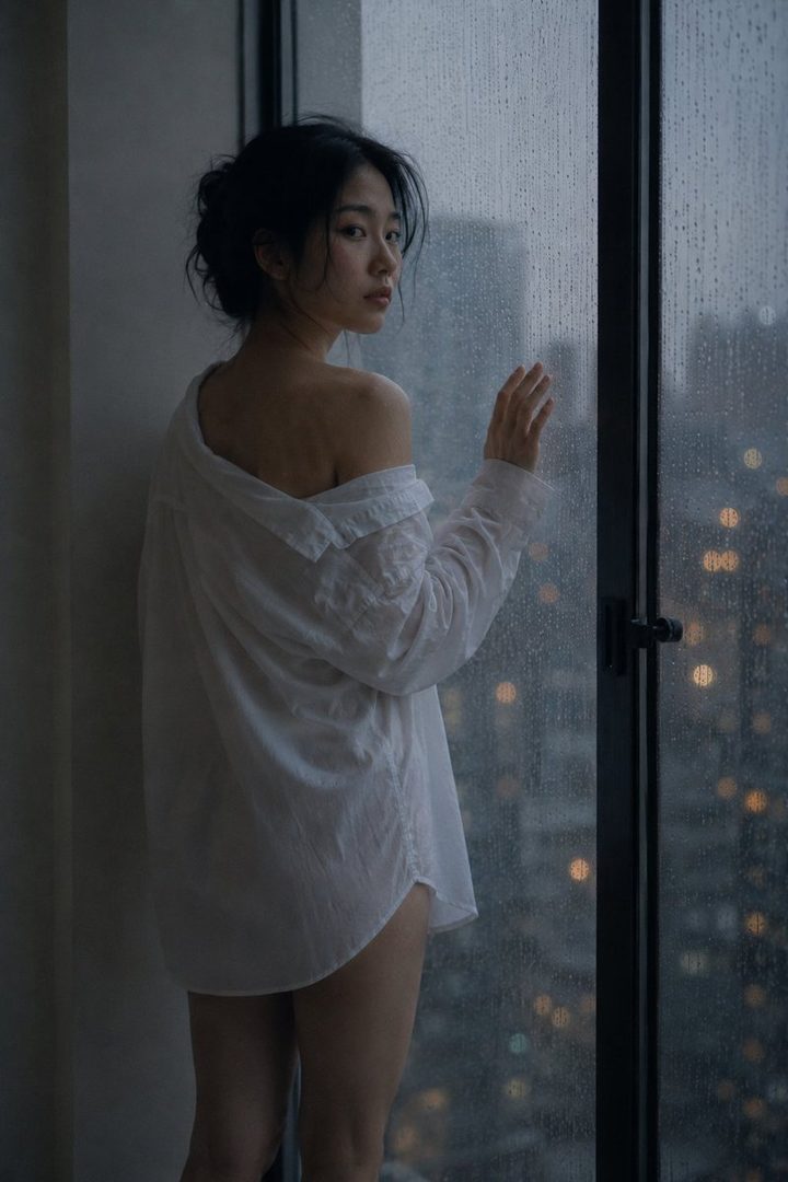 A young East Asian woman in an oversized white shirt stands by a rain-streaked window, looking out at the blurred city lights.