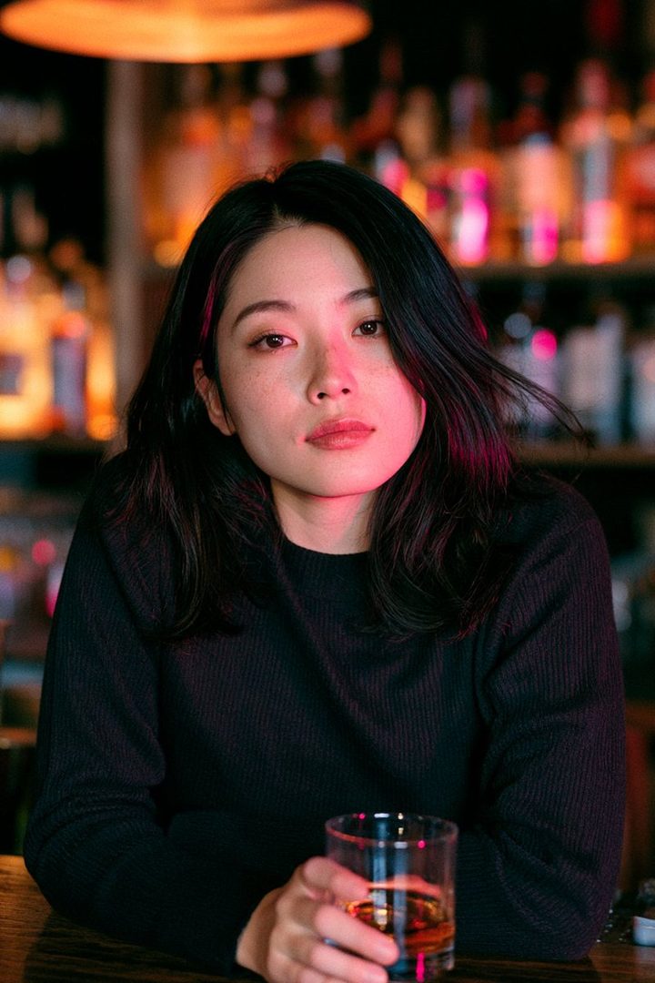 A young East Asian woman with black hair sits at a bar, holding a whiskey glass, with neon lights casting a pink glow on her face.