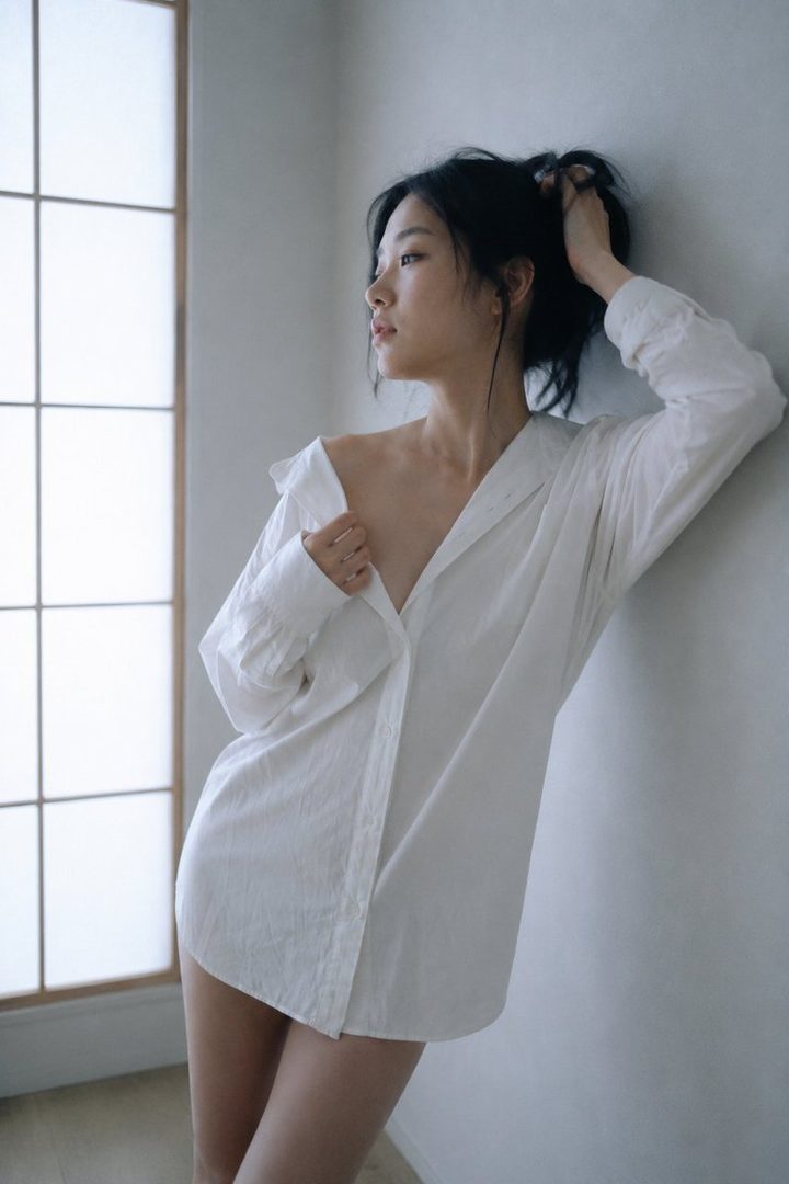 A young East Asian woman in an oversized white shirt, leaning against a wall near a window, with her hand in her hair.