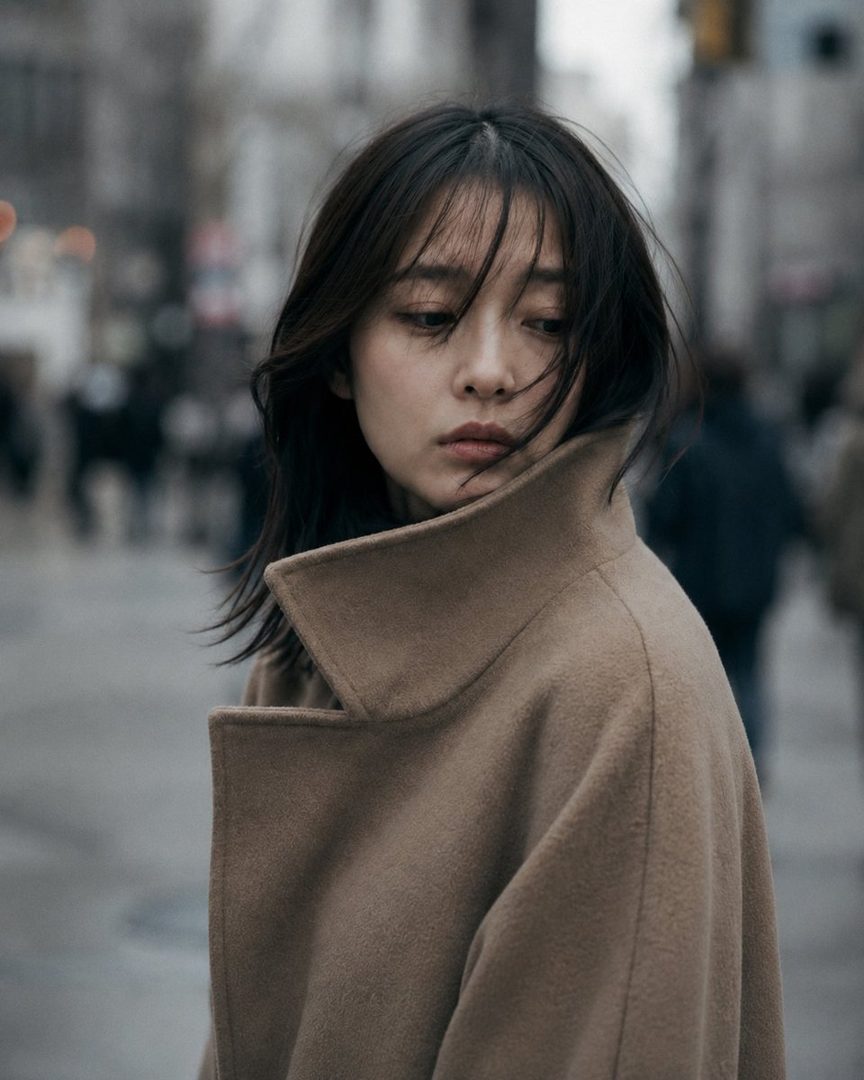 A Japanese woman in her mid-20s, wearing a camel beige wool coat, looks away from the camera with a detached expression on a blurred urban street.