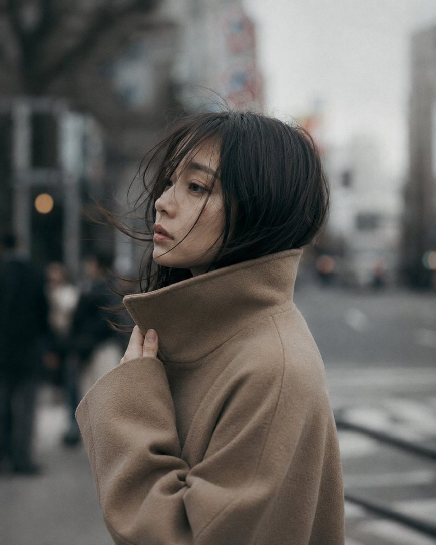 A Japanese woman in her mid-20s, wearing a camel beige wool coat, stands on an urban street with her gaze directed sideways, her dark hair blowing slightly in the wind.