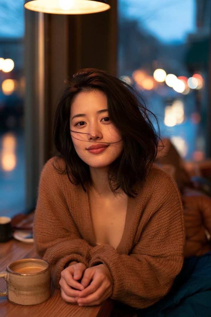 A young East Asian woman with dark hair sits indoors at a table with a cup of coffee, wearing a brown knitted sweater, with bokeh lights in the background.