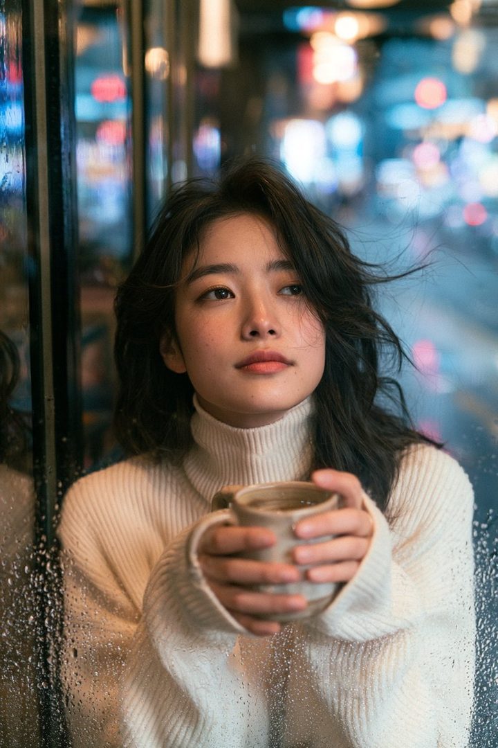 A young woman with dark, wavy hair and freckles, wearing a cream turtleneck sweater, holds a mug of coffee while looking out a rain-streaked window at blurred city lights.