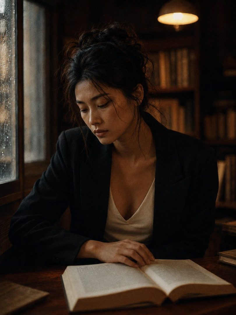 A Japanese woman with dark hair in a messy bun, wearing a black blazer over a white V-neck top, reads a book in a dimly lit library with bookshelves in the background.