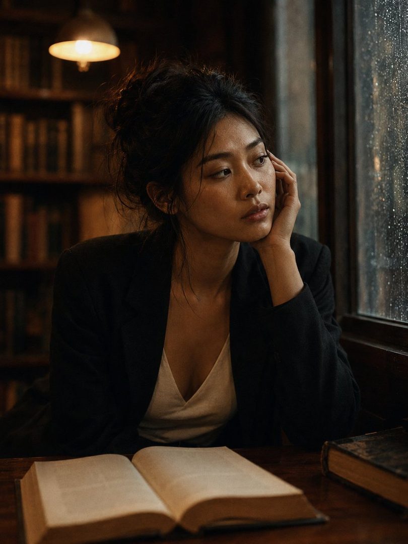 A Japanese woman in her late 20s with dark hair loosely pinned up, wearing a black blazer over a white V-neck tank top, sits at a desk in a library, looking out a rain-streaked window with an open book in front of her.