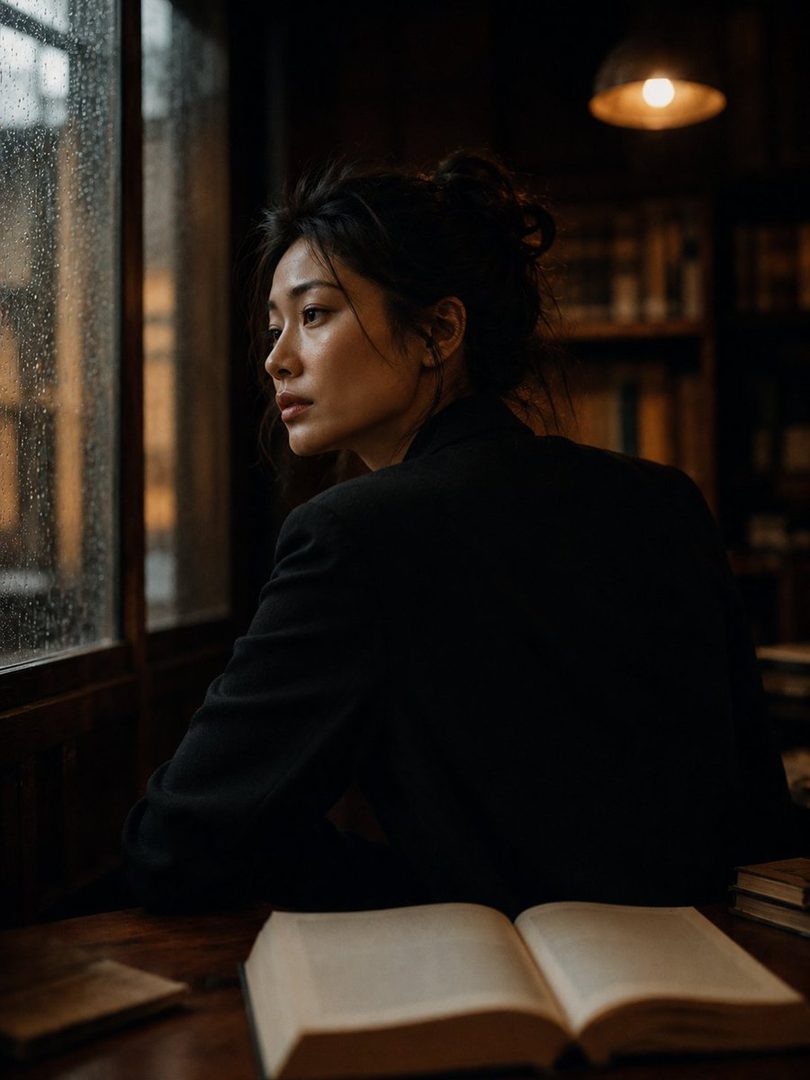 A Japanese woman in her late 20s with dark hair pinned up sits at a desk in a library, looking out a rain-streaked window, with an open book in front of her.