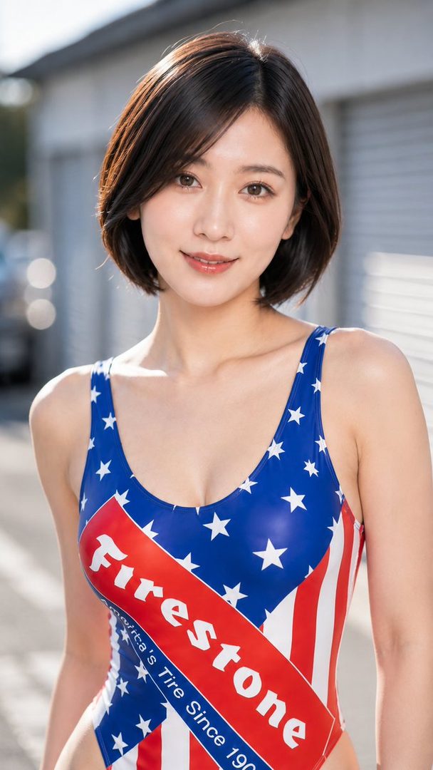 A beautiful AI-generated race queen with short black hair, wearing a patriotic American flag-themed swimsuit with the Firestone logo, posing outdoors.
