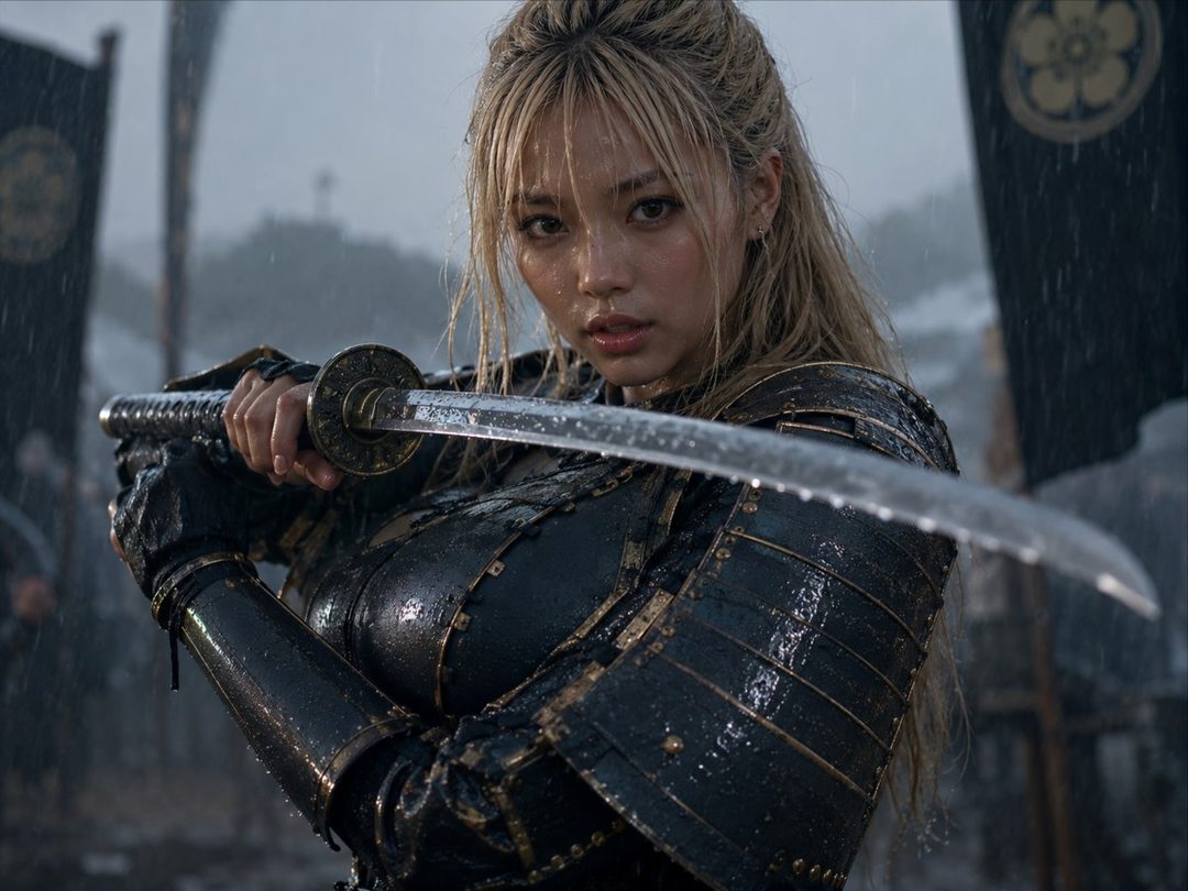 A young woman in samurai armor holds a katana in the rain, looking intensely at the camera.