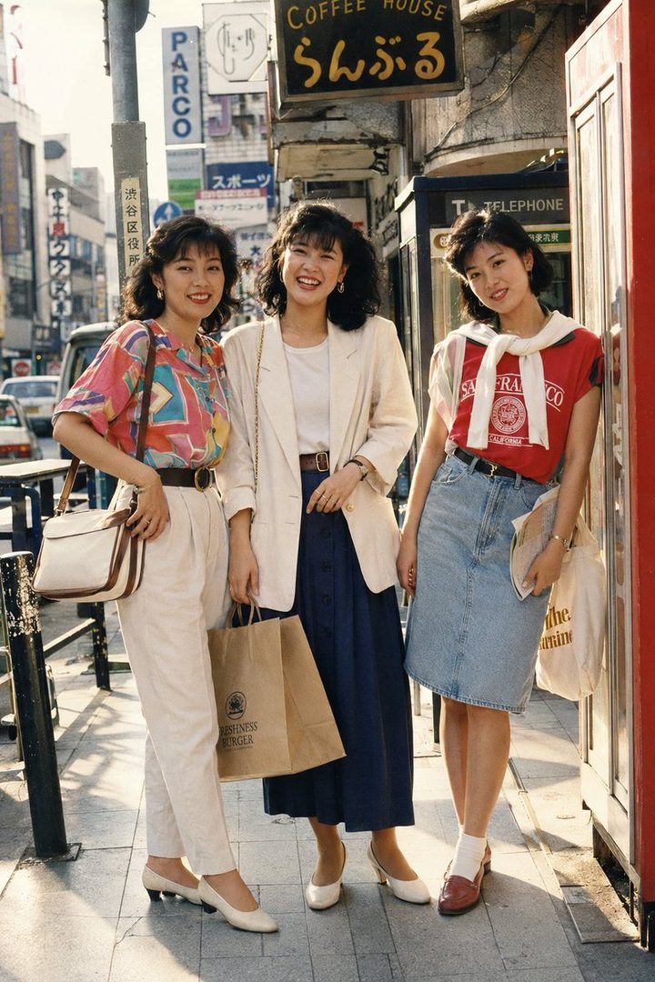 Three Japanese women in 1980s fashion pose on a Shibuya street in Tokyo, with a 'Coffee House' sign and 'PARCO' in the background.