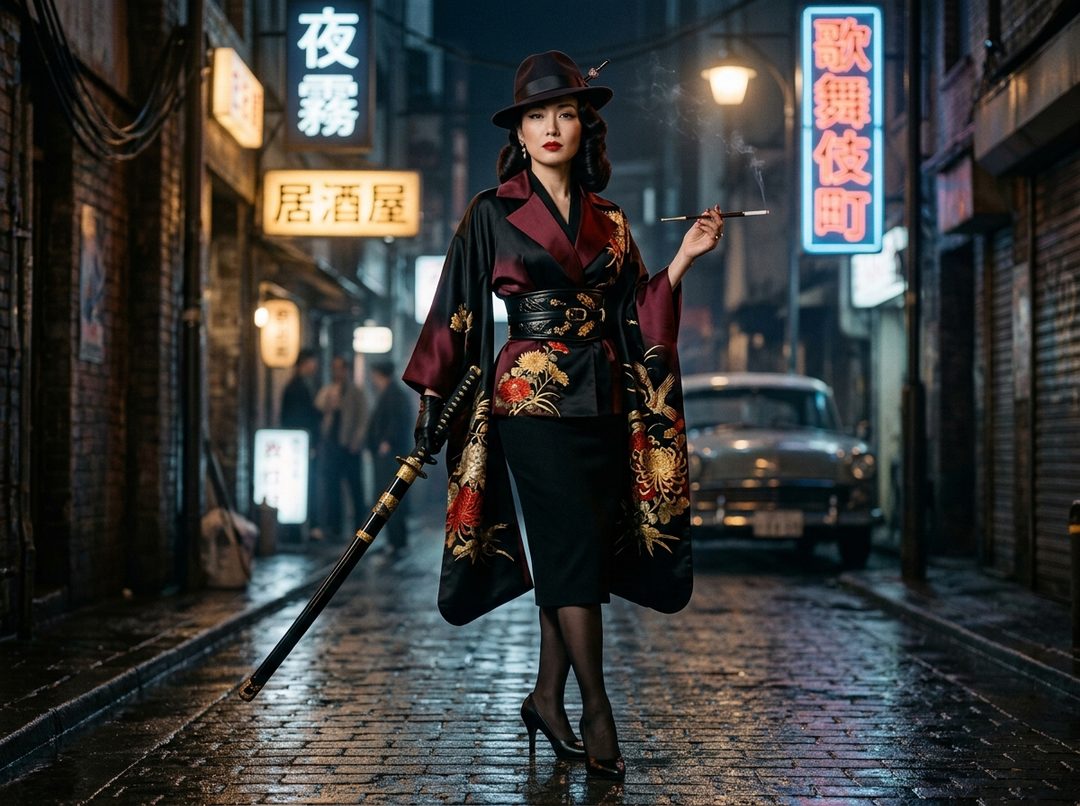 A photorealistic portrait of a woman in a stylish kimono-inspired trench coat and fedora, holding a katana on a wet, neon-lit city street at night.