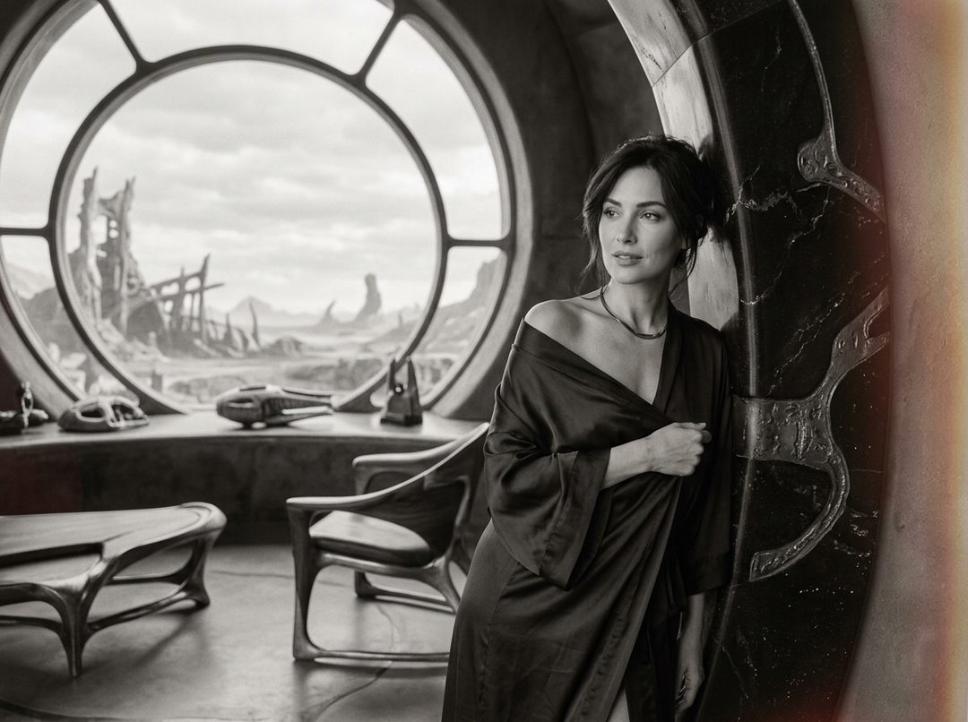A black and white portrait of a woman in a dark robe, leaning against a pillar, with a futuristic cityscape visible through a large round window.
