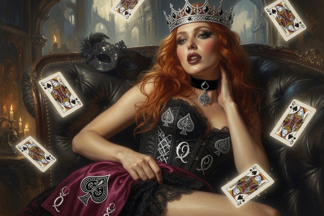 A woman with red hair, wearing a crown and a black corset with spade symbols, sits in a leather chair surrounded by playing cards.