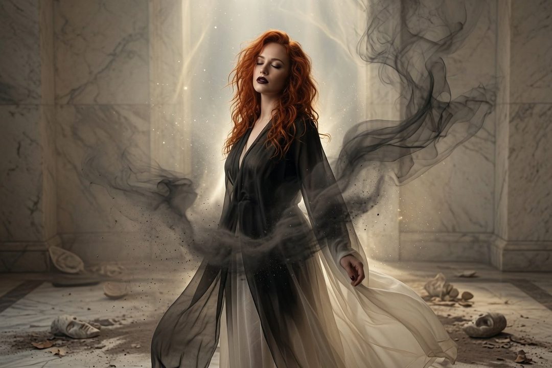 A woman with long, wavy red hair and dark lipstick stands with her eyes closed, surrounded by ethereal black smoke and dust in a marble-lined room.