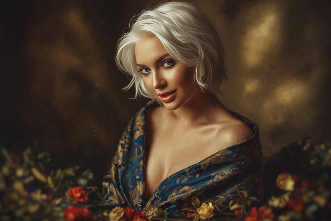 A beautiful woman with short white hair and blue eyes, wearing a blue and gold patterned shawl, posing elegantly amidst flowers.