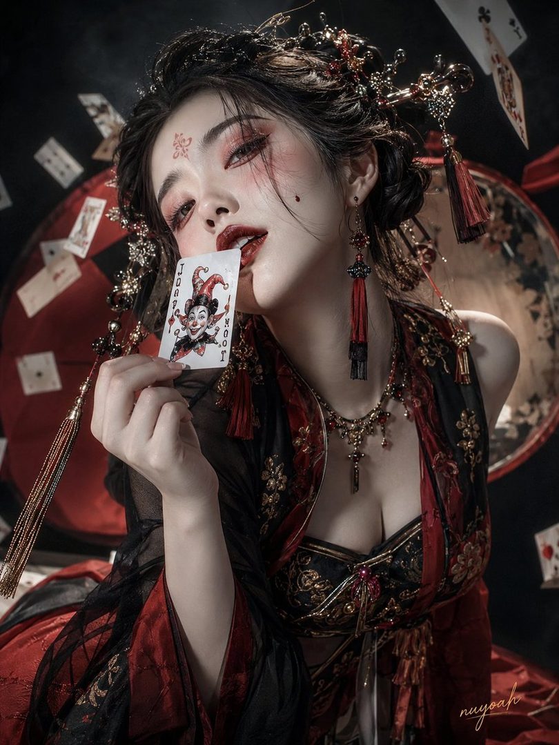A woman in traditional Chinese-inspired attire with dramatic makeup holds a Joker playing card to her lips.