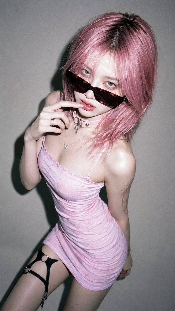 A young woman with pink hair and sunglasses poses in a pink dress, wearing a choker and garter.