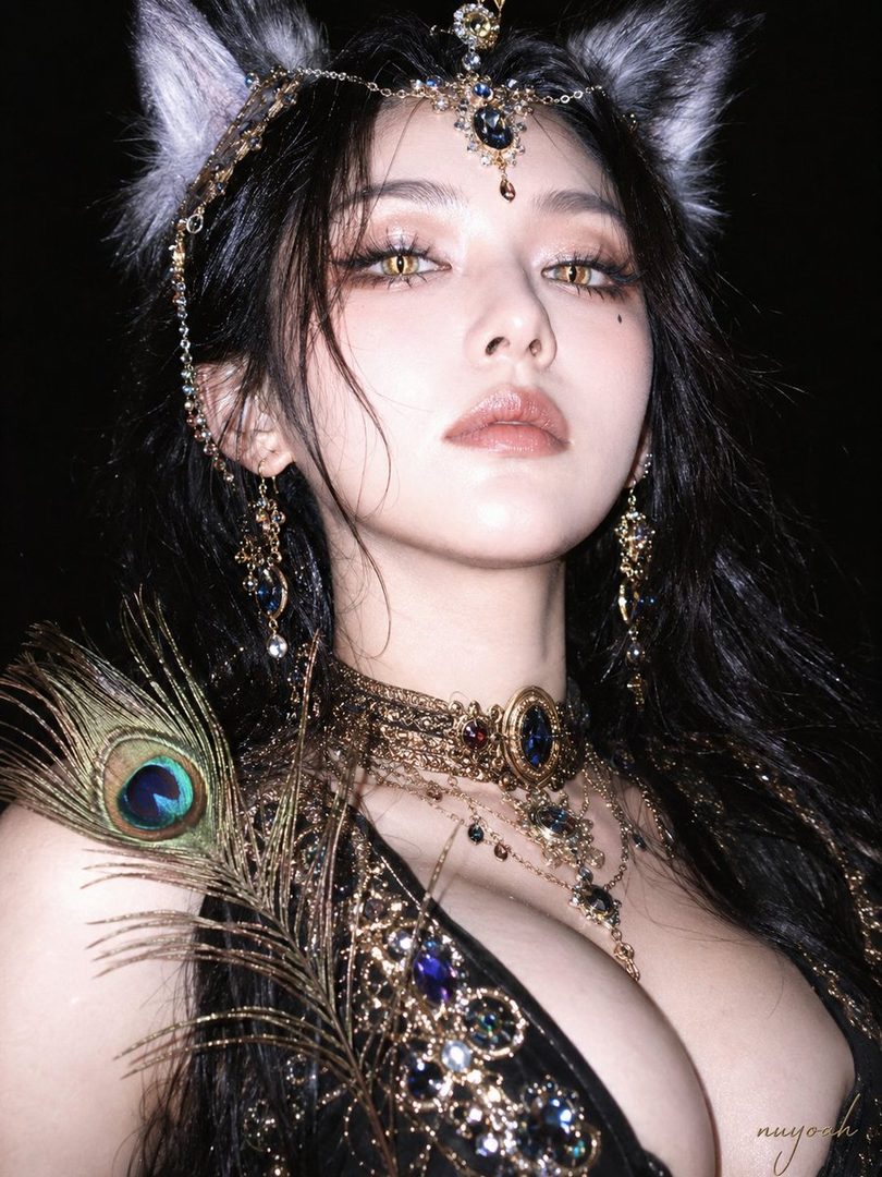 A beautiful woman with black hair, cat ears, and striking yellow eyes, adorned with elaborate gold jewelry and peacock feathers, posing in a dark, elegant setting.