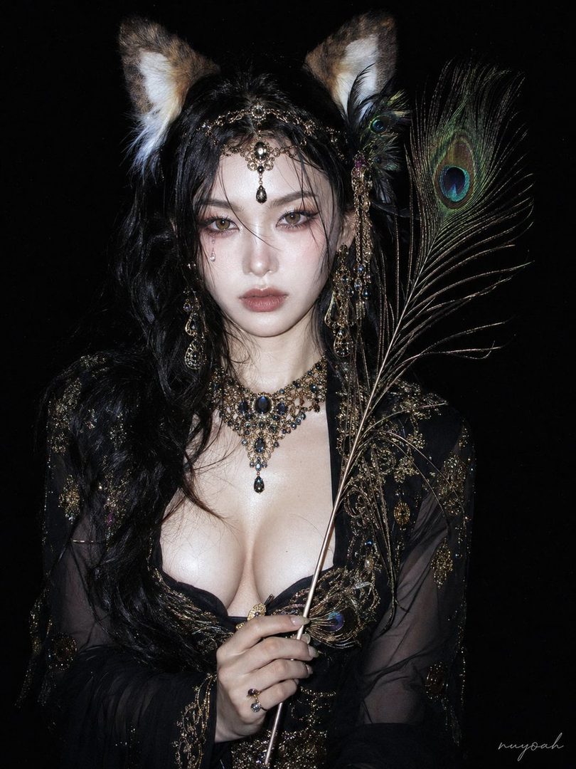 A beautiful AI-generated portrait of a woman with fox ears and elaborate jewelry, holding a peacock feather.