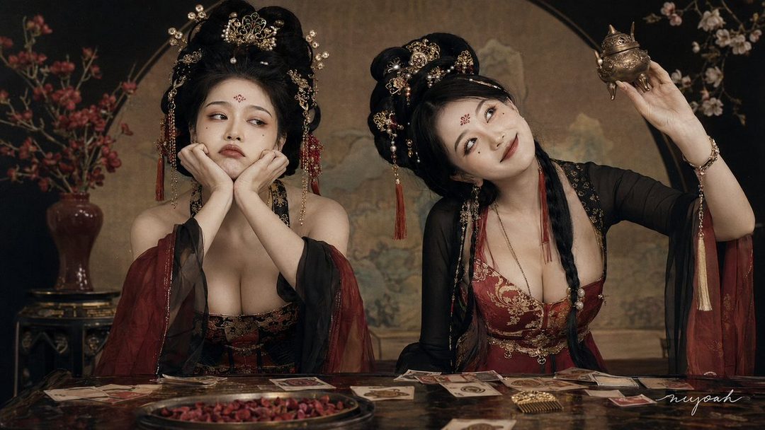 Two young women in traditional Chinese attire with elaborate hairstyles and makeup, posing at a table with cards and incense burner.