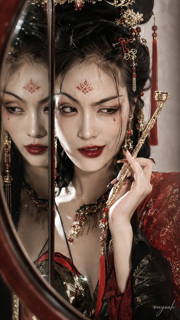 A woman with traditional East Asian makeup and elaborate hair ornaments, reflected in a mirror, holding a golden pipe.