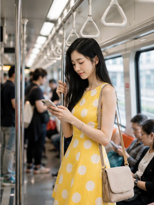 A young woman with long black hair wearing a yellow polka dot dress and a shoulder bag, looking at her phone while standing in a subway train.