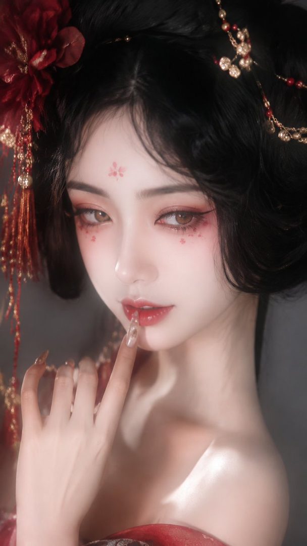 A close-up portrait of a beautiful East Asian woman with traditional makeup and hair, posing elegantly with a finger to her lips.