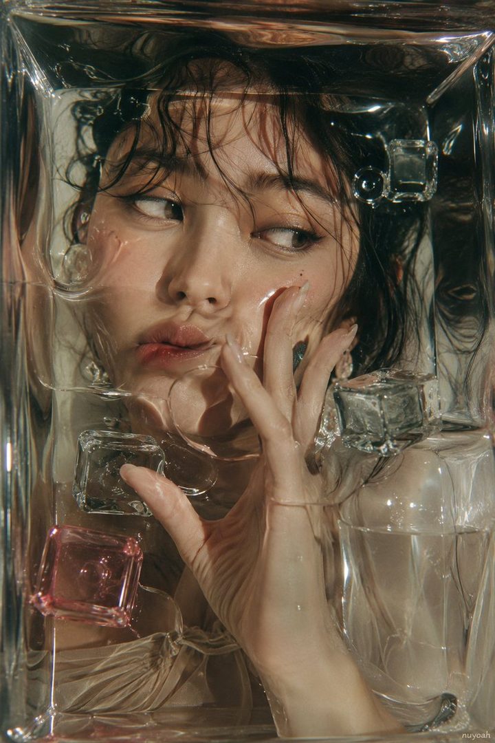 A close-up portrait of a young East Asian woman with dark, wet hair, her face pressed against a glass surface with ice cubes, creating a distorted and artistic effect.