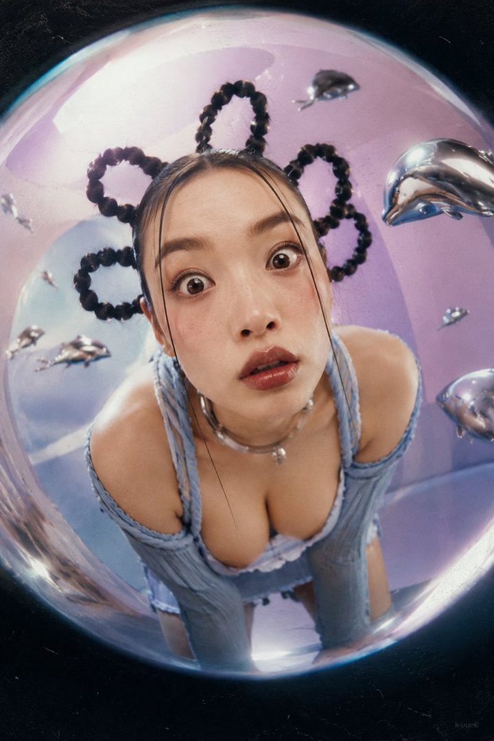 A young East Asian woman with elaborate braided hair styled into flower-like shapes, wearing a light blue off-the-shoulder top, poses playfully with a surprised expression, surrounded by metallic fish and dolphins in a surreal, bubbly environment.