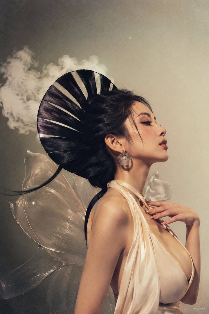 A woman with an elaborate fan-shaped hairstyle and a flowing dress, posing in a studio with dramatic lighting and smoke effects.