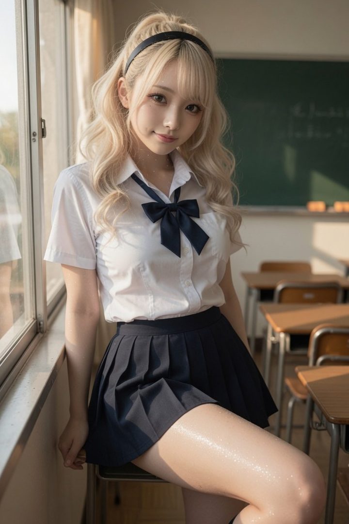A young woman with blonde hair and a school uniform poses in a classroom.
