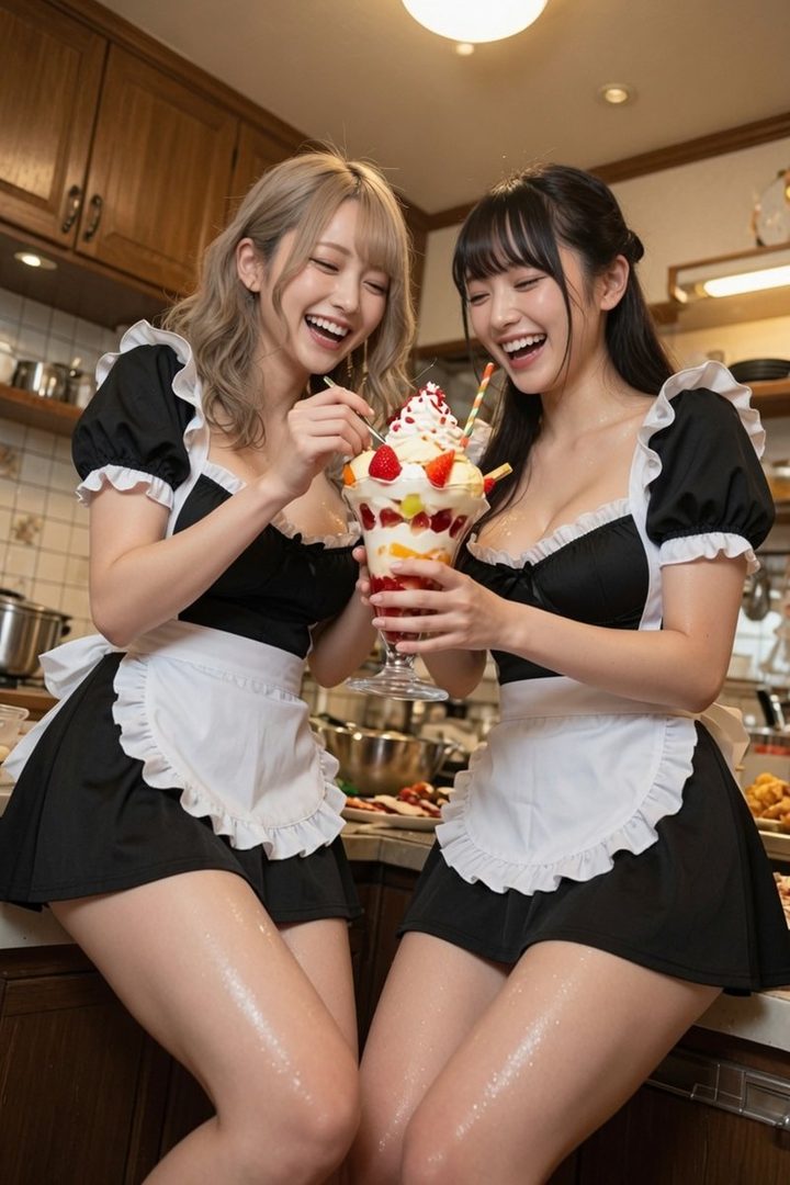 Two young women in maid outfits laughing and sharing a large fruit parfait in a kitchen.