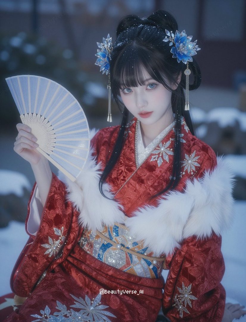 A beautiful AI-generated woman in a red kimono with white fur trim, holding a fan in a snowy outdoor setting.