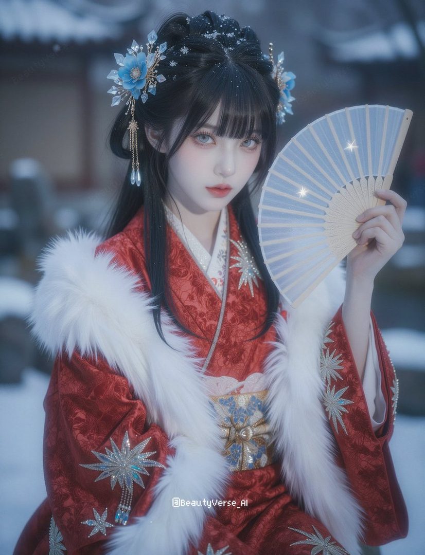 A beautiful AI-generated woman with black hair, wearing a red kimono with white fur trim and holding a fan, posing in a snowy outdoor setting.