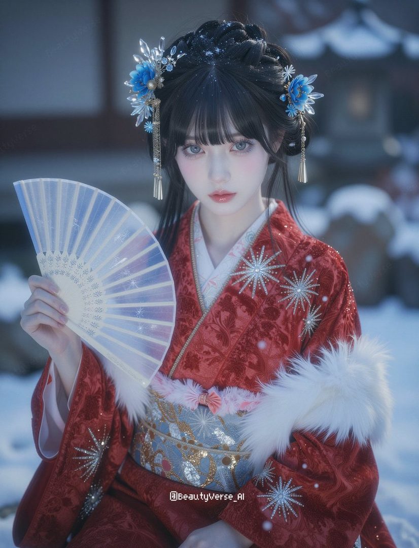 A beautiful AI-generated woman in a red kimono with white fur trim holds a fan in a snowy outdoor setting.