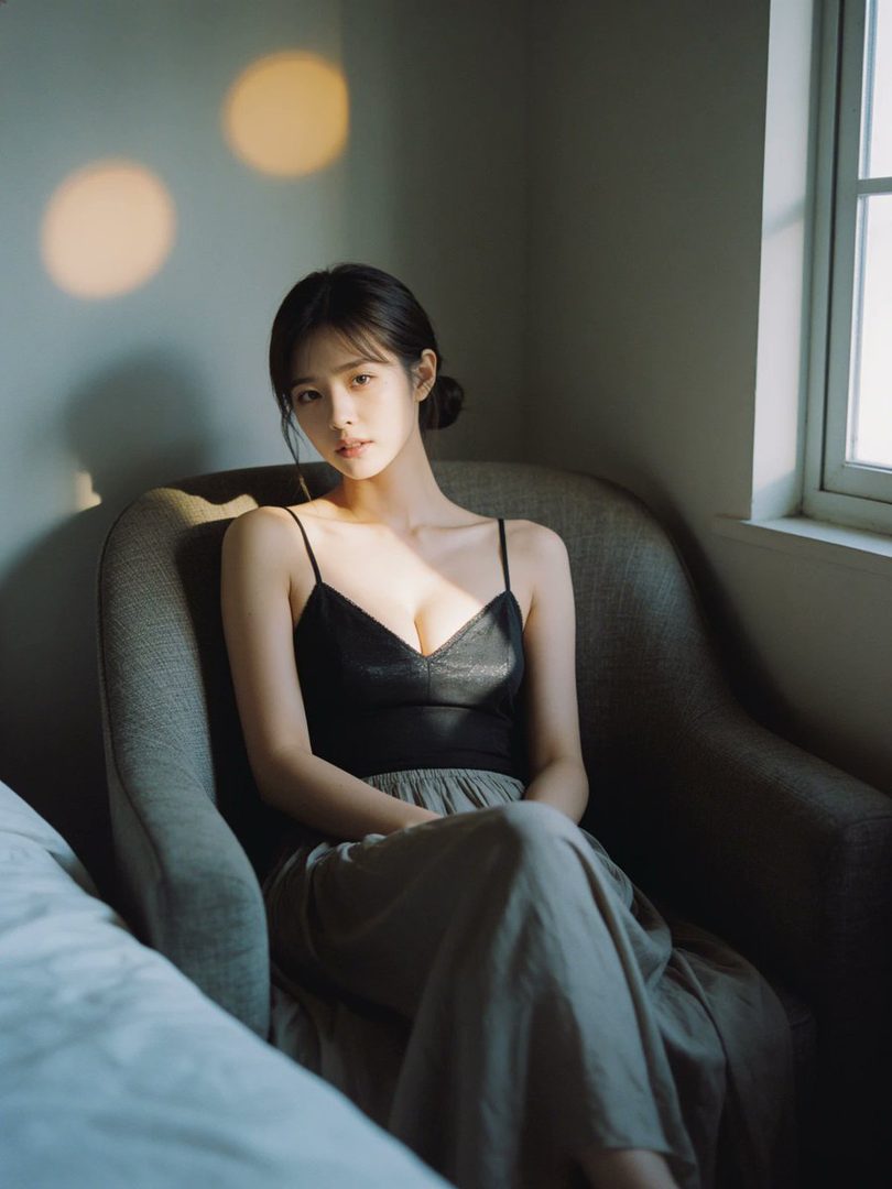 A young woman with dark hair tied back sits in a chair, bathed in soft morning light, wearing a black camisole and a long skirt.