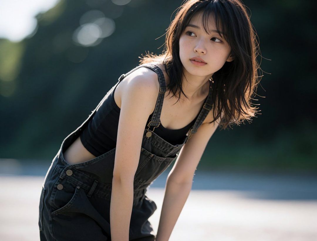 A young East Asian woman with dark hair, wearing a black tank top and denim overalls, poses outdoors with a soft bokeh background.