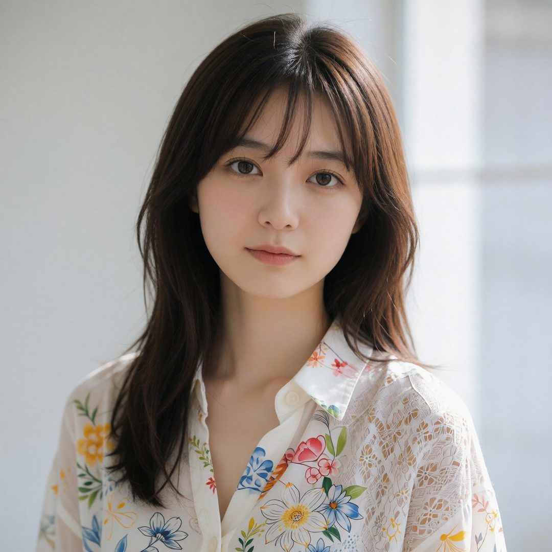 A close-up portrait of a young East Asian woman with long brown hair and bangs, wearing a floral print blouse, looking directly at the camera with a serene expression.