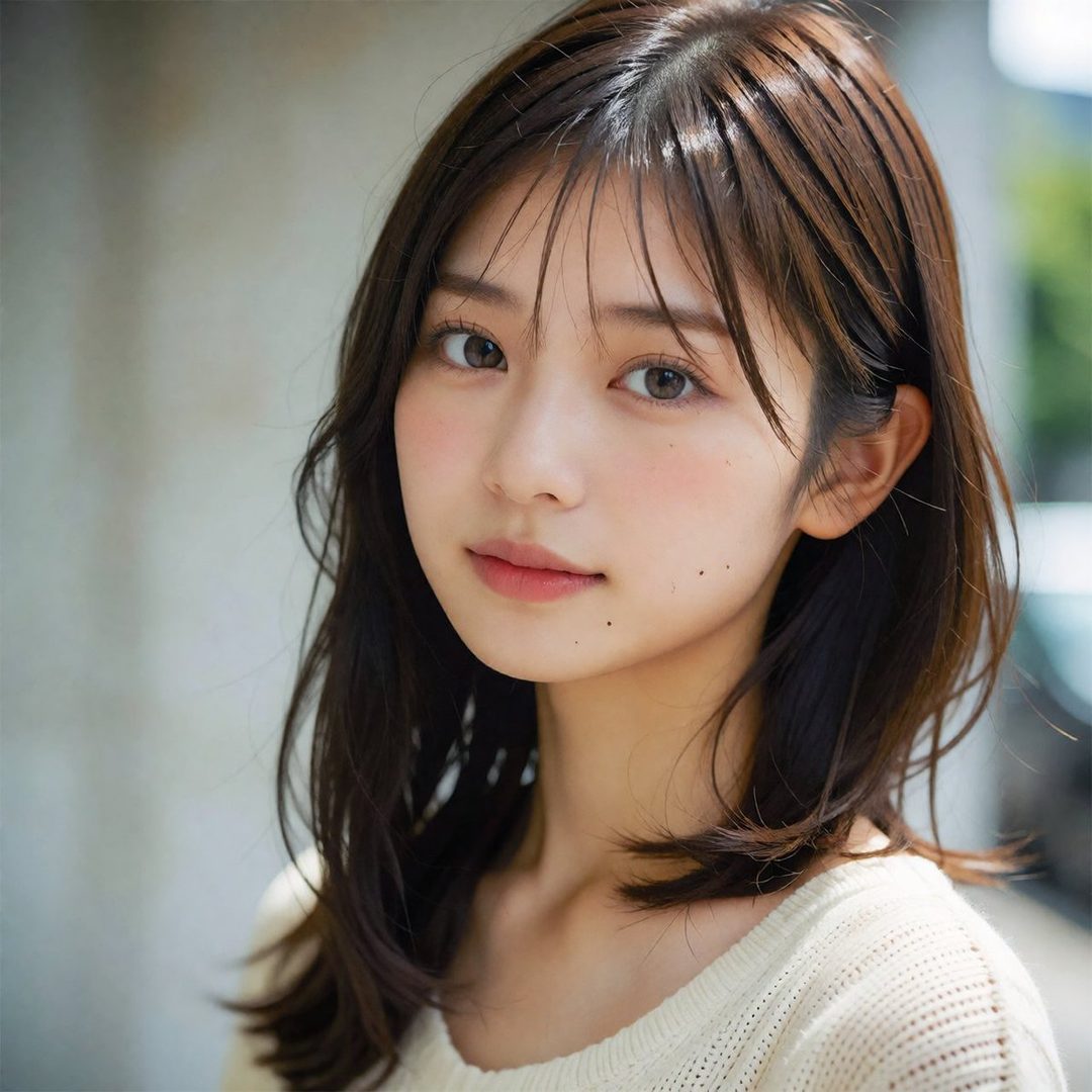 A close-up portrait of a young East Asian woman with shoulder-length brown hair, soft makeup, and a gentle expression, wearing a cream-colored knit sweater outdoors.