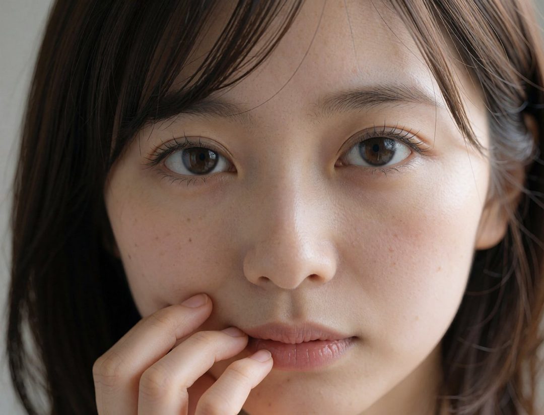 Close-up portrait of a young East Asian woman with brown hair and freckles, looking gently at the camera.